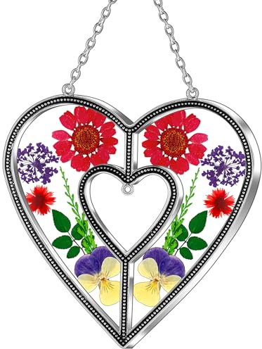 KY&BOSAM Heart Suncatchers DIY Stained Glass Hangings for Windows Wind Chimes Home Gardner Decor with Pressed Real Flowers Heart No Charm Birthday Gifts for Women Mother`s Day Christmas Ornamets