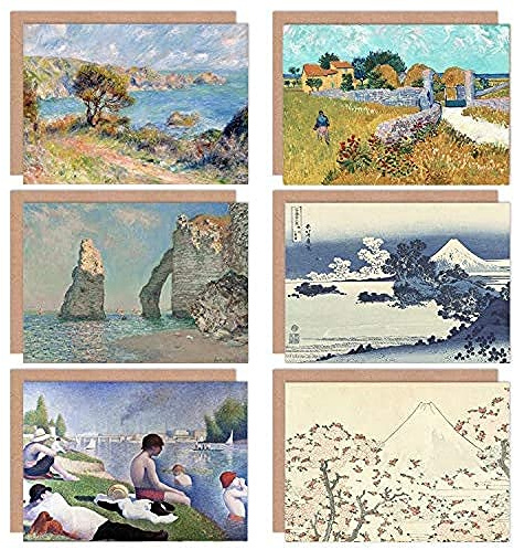 Artery8 Hokusai Van Gogh Seurat Monet Renoir Landscape Flower Mixed Fine Art Greeting Card Pack of 6