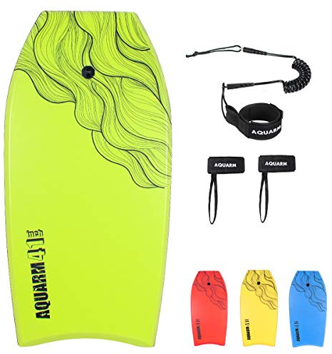 AQUARM 41 inch Bodyboard with Premium Wrist Leash and Fin Tethers, Super Lightweight & Slick Bottom Perfect Surfing for Kids Teens and Adults (Green)