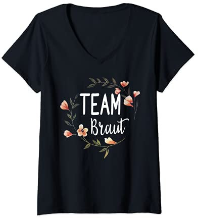 Damen Team Braut Bride Blumenkranz Blumen JGA Verlobung Geschenk T-Shirt mit V-Ausschnitt