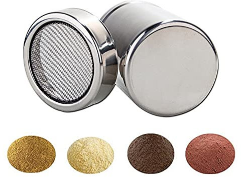 NAQ Puderzuckerstreuer Kakaostreuer mit Deckel Mehlstreuer Puderzucker Edelstahl Kakaostreuer Kaffeekakaobagger mit feinmaschigem Deckel für Cappuccino, Zucker, Salz, Schablonen (13 * 6.7CM)