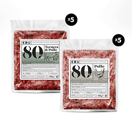 CRU - Comida Natural cruda para Perros. Menú Barf. Congelado - Caja Personalizable de 10 Paquetes Variados de 500g (Pollo + Ternera&Pollo)