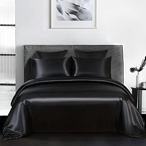 Michorinee Housse de Couette Satin 200x200 Noir avec 2 Taies d'oreiller 65x65 cm Parure de Lit Adulte 2 Personnes Linge de Lit Satin de Soie Brillante avec Fermeture Éclair