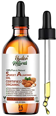Hydra Naturals 100% Pure Sweet Almond Oil 120ml, Cold Pressed & Natural, for Hair, Skin, Face & Nails, Moisturising, Anti-Ageing, Fast Absorbing, Carrier Oil for Massage & Aromatherapy, UK Made