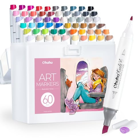 Ohuhu markers, 60+1 colori pennarelli ad alcool a doppia punta fine e sottile, inchiostro sfumabile e ricaricabile per artisti che colorano e disegnano personaggi dei cartoni animati e degli anime