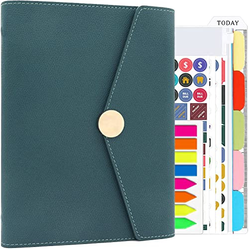 HXRTANGS PU Leder Notizbuch Binder A5, Nachfüllbares Schreiben Journal Planer Organizer mit Index Flaggen, Thema Teiler, Budget Aufkleber, Reißverschlusstasche und Lineal, Blau