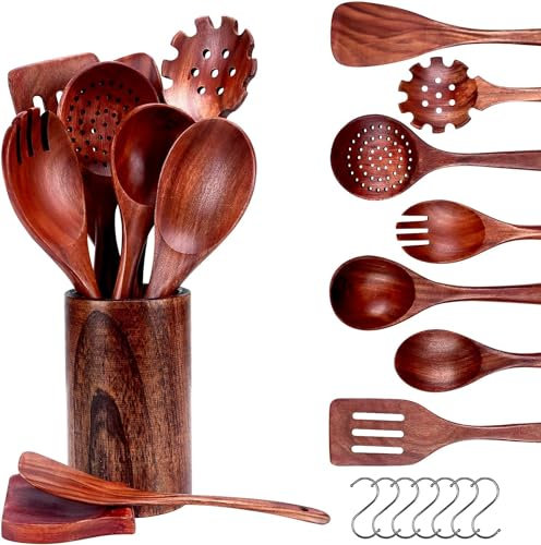 ONATISMAGIN Set di Cucchiai in Legno per Cucina, Set di Utensili da Cucina in Legno di Teak da 16 Pezzi, Set di Pentole Antiaderenti in Legno, Cucchiai in Legno di Teak Naturale e Set di Spatole