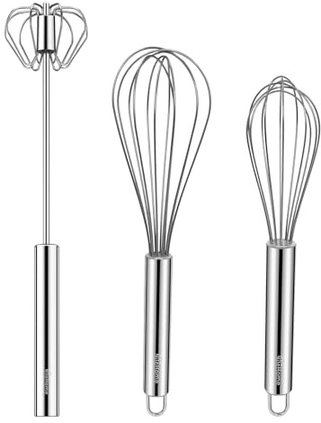 NileHome Stainless Steel Whisk Set 8 10 Hand Blender + 12 Semi-Automatic Rotary Kitchen Whisk Kitchen Wisk Wire Whisks for Cooking, Whisking, Blending, Beating, Stirring- 3 Pack...