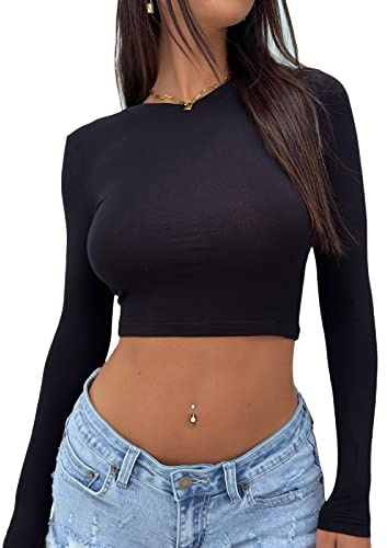 Loalirando Crop Top Tumblr Sexy Donna Ragazza Maglietta con Maniche Lunghe Donna Top Corto Girocollo Aderente Shirt Corto Sexy Donna Tinta Unita Casual Discoteca Festa (Nero1, S)