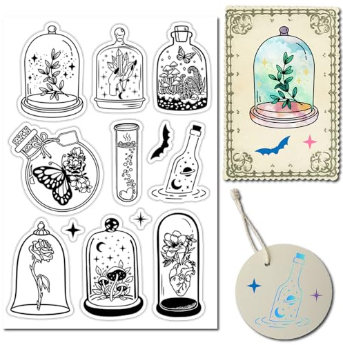 craspire Blumenvase-Stempel, Mond, Schmetterling, Stern, Fledermaus, Magie, Vintage, Durchsichtig, Transparent, Silikon-Siegel, Stempel Für Journaling, Kartenherstellung, DIY, Scrapbooking