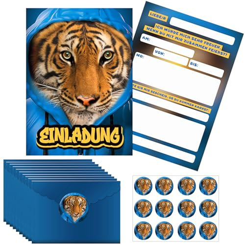 KIKVTER 12 Stück Einladungskarten, Kindergeburtstag Einladungen mit Umschläge Aufkleber, Tiger Geburtstag Einladungskarten für Mädchen Jungen, Lustig Lässige Tier Einladungsset, Deutsche Version