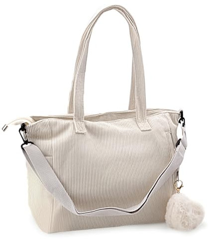 BRISKORE Tote Bag Damen Shopper Tasche Groß Handtasche Cord Grosse Tasche Beige Umhängetasche Schultertasche Gross Women's Totes Aesthetic für Uni Schule Arbeit Büro Reisen Einkaufen Alltag (Beige)