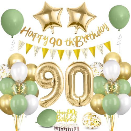 90 Geburtstag Deko für Mann und Frau - Luftballon Grün Gold, Happy Birthday Banner, Wimpelkette, Folienballon Zahl 90, Cake Topper für Party Dekoration