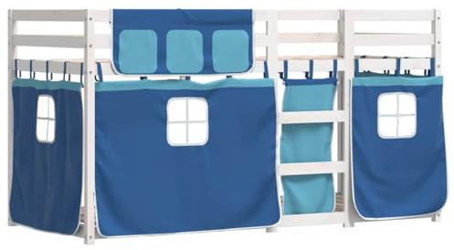 vidaXL Etagenbett, Kinderbett mit Vorhängen Leiter, Hochbett Spielbett für Kinder ab 6 Jahren, Doppel Stockbett Bett, Blau 80x200cm Massivholz Kiefer