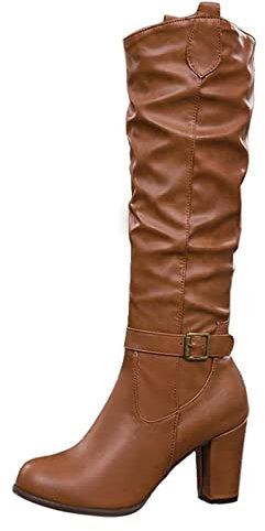 Lederstiefel Damen Mit Absatz - Kniehohe Stiefel Blockabsatz Schlupfstiefel Langschaft Winterstiefel Pu-Leder Reitstiefel Vintage Biker Boots Casual Bequemer Damenstiefel Cowboystiefel