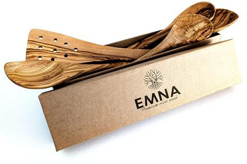 EMNA - Juego de utensilios de cocina de madera de olivo de 5 piezas | aprox. 30 cm | Caja de regalo exclusiva | Cuchara de cocina | Espátula | Único | Hecho a mano | Regalos | Cumpleaños | Navidad |