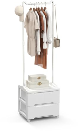 GOPLUS Perchero con 3 Cajones, Perchero de Pie con 4 Ruedas Universales, Barra para Colgar y 2 Ganchos Laterales, Organizador de Ropa Independiente para Dormitorio, Salón, Entrada, Lavandería