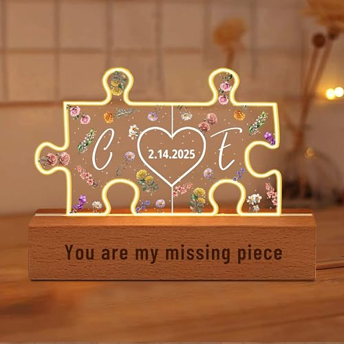 You are My Missing Piece Personalised Puzzle Couple Night Light Custom Acrylic Lamp with Letter Time Gift for Girlfriend Boyfriend Valentine's Day Anniversary Xmas (Style 1)