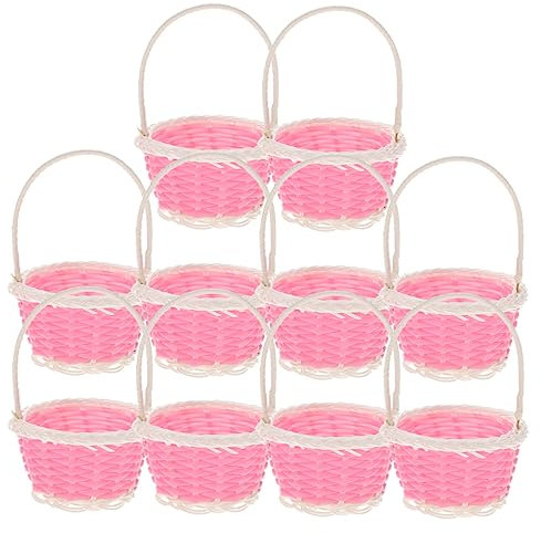 FONDOTIN 10pezzi Mini Cestini in Plastica Intrecciata Con Manico Piccoli Cestini Picnic Portatili Per Ragazzo Ragazza Ragazza e Decorazioni Pasquali Colore Rosa