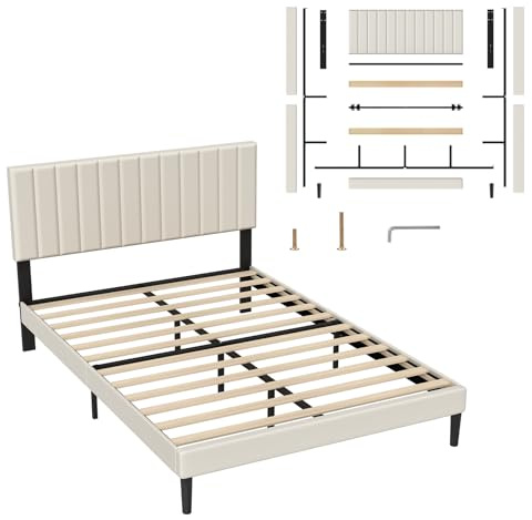 UISEBRT Polsterbett 140x200 cm – Bettrahmen mit Knöpfen, gepolstertes Kopfteil aus Samt, Holzlattenstütze, Doppelbett für Erwachsene, Modernes Design (Beige)