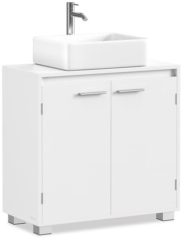 VASAGLE Meuble sous lavabo, Meuble de Salle de Bain, 2 Compartiments derrière Les Portes, pour Lavabo sans Colonne, avec Pieds, 30 x 60 x 60 cm, Blanc Nuage BBK505W01