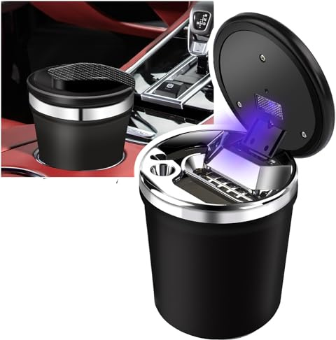 YESCOO Car Ashtray Smell Proof with Lid,Smokeless Ashtray for Car cup holder with Carbon Fiber Pattern, Portable Ash Tray Ceramic Inner Wall with LED, Men's Gift for Travel, RV,Outdoor,Home
