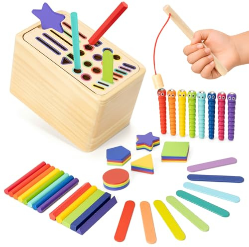 Funsland Jeux Montessori Jouets 1 2 3 Ans - Couleur Forme Jeu de Tri, Jeu de Pêche pour Enfants, Jouet en Bois Éducatif, Jeux Motricité Fine, Exterieur Jeu Voyage, Cadeau Bébé Fille Garçon