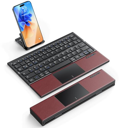 OMOTON Faltbare Bluetooth Tastatur mit Touchpad, Tragbare Kabellose Tastatur Mini Reise für iOS Android Windows Laptop PC Tablet Smartphone, QWERTZ - Burgunderrot