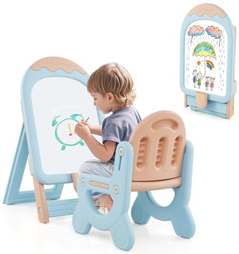 COSTWAY barnstaffli med stol, barntavla justerbar höjd och vikbar med whiteboard & förvaringslåda, tavla barn med markör och magnet, present lektavla för flickor pojkar (blå)