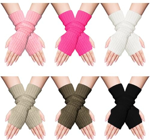 Fzxdfg 6 Pairs Arm Warmers Cover Kawaii Half Finger Sleeves Goth Gloves Fingerless Knitted Arm Sleeve for Women(6, white+pink+light gray+dark gray+black+rose red)