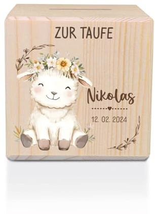 GRAVURZEILE Bedruckte Spardose aus Holz mit Metallschloss - Tiere zur Taufe - Lamm - Personalisiert mit Namen & Datum - Geschenk zur Geburt für Mädchen & Jungen - Sparschwein für Kinder
