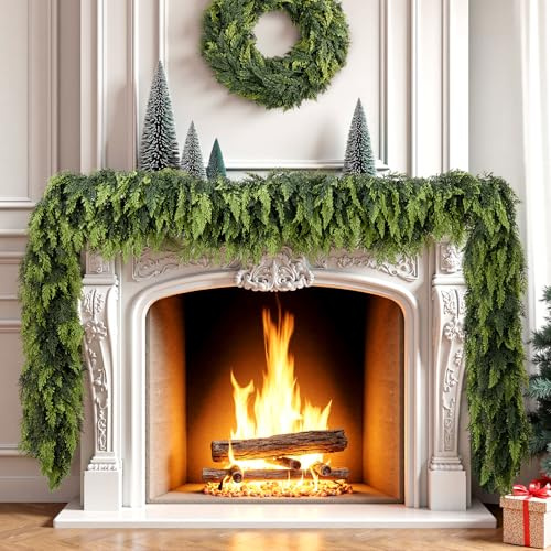 9 Ft Real Touch Christmas Garland with 210 Branches - Cedar Garland Thick and Lush, Artificial Realistic Full Cedar Pine Garlands for Fireplace Mantel Table Indoor Outdoor Xmas Holiday Decoration