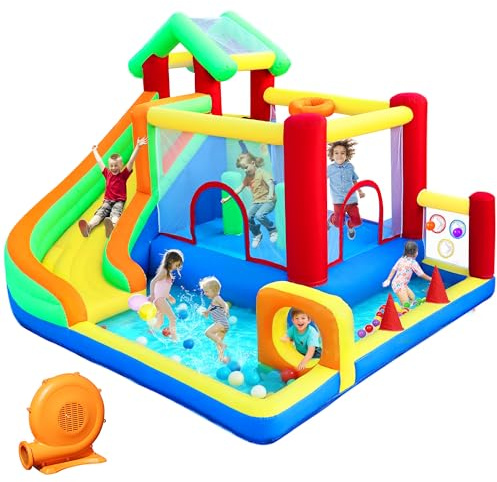 PZGEQ Bounce House, Inflatable Bounce Castle with Blower for Kids Indoor Outdoor, Blow Up Jumping Castle with Ball Pit, Slide, Climbing Wall, Dart Target, Basketball Hoop