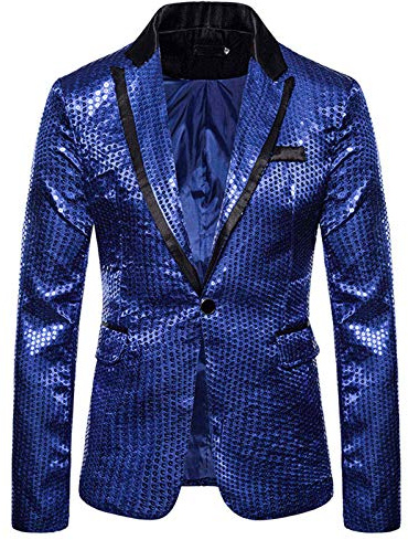 Blazer con paillette, giacca da uomo con brillantini, per matrimoni, feste, slim fit, con un bottone, Capodanno, discoteca, O blu., L