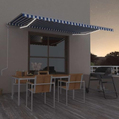 QJBSAVVA Store électrique à bras articulé, 500 x 350 cm, bleu et blanc, avec LED et capteur de vent, en aluminium revêtu par pulvérisation, protection solaire pour balcon, jardin et extérieur