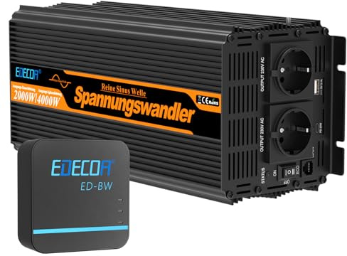 Inversor EDECOA 2000W de Onda Sinusoidal Pura 12V a 230V con Control Remoto WiFi, Monitoreo por App para Autocaravana, Caravana, Sistema Solar, Energía para Exteriores