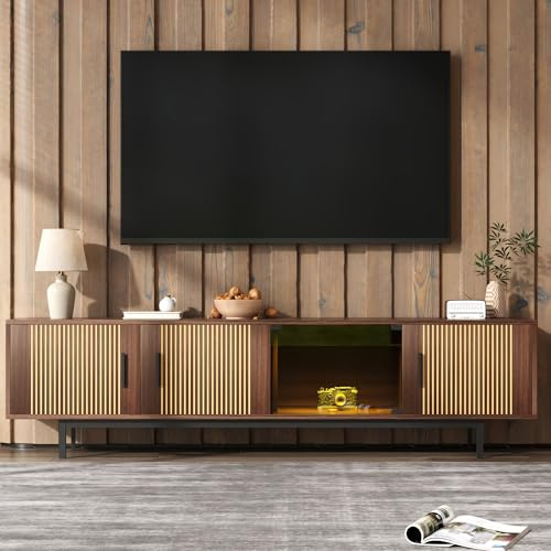 Merax Meuble TV LED Lowboard Moderne avec Porte en Verre Trempé, Lowboard Design à Texture Sculptée, Meuble TV avec Éclairage Contrôlable,200x35x53 cm,Noir + Brun Noyer
