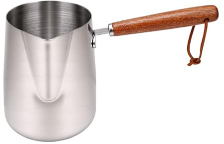 Fdit Brocca per Schiuma di Latte, Pentola Compatibile a Induzione in Acciaio Inossidabile 304 con Manico in Legno, Pentola Multiuso per Riscaldare il Latte, Sciogliere il Cioccolato e (600ml)