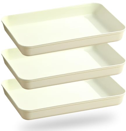 3PCS Trays for Food Serving, 4cm Deep Rectangular Plastic Platters | Serving Tray for Party Food Snacks Fruit Drinks Tea Sandwich (31x21x4cm, Beige White)