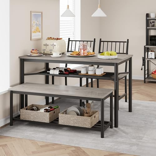 GarveeMore Essgruppe Esstisch Set 4-Teilig Esszimmertisch Mit 2 Stühlen & Bänken, Sitzgruppe Mit 2 Lagerregalen, Bartisch Mit Metallgestell, Industrial Esszimmergruppe Für Küche Esszimmer
