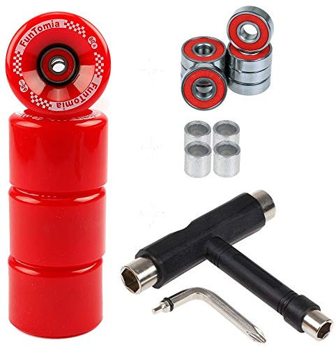 FunTomia 4 Stück Longboard/Skateboard/Mini-Board Rollen (Big Wheels) in 65x45mm 80A inkl. ABEC-9 Kugellager und Metall Spacer 80A Rollenhärte + T-Tool (rot)