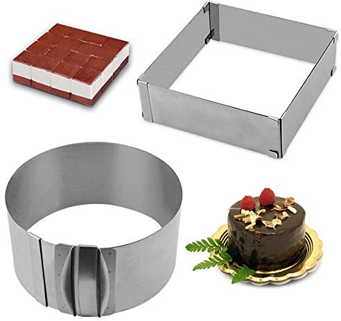 Gutsdoor Adjustable Cake Mold Ring 6-12 Inch Mousse Ring Stainless Steel Cake Mold Set 2-piece Baking Tool (Square+Round)