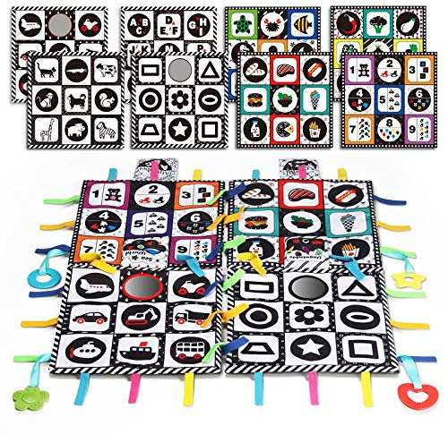 teytoy Black and White Baby Toys, High Contrast Tummy Time Square Mats -Interactive Activity Mats, Double Sided & Soft Crinkle Toys Early Educational Toys for Newborn Baby (4 Packs) (Type1)