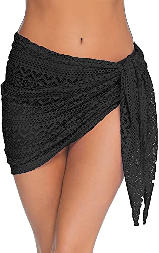 JFAN Pareo Femme Plage Mini Robe en Maille Wrap De Plage De Femmes Dentelle Couvertures Maillot De Bain Cover Up Sarong Vacances Natation Mini Jupes Noir, Taille Unique