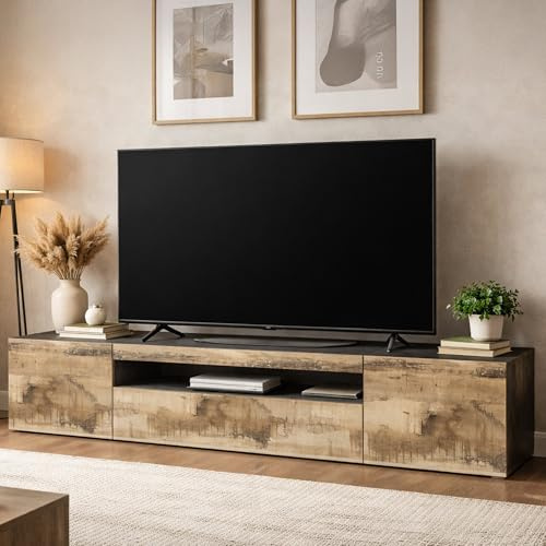 Dmora - Meuble TV Salvatore, Buffet bas de salon avec 3 portes, Base pour meuble TV, 100% Made in Italy, 200x40h37 cm, Ardoise et Érable, avec lumière LED