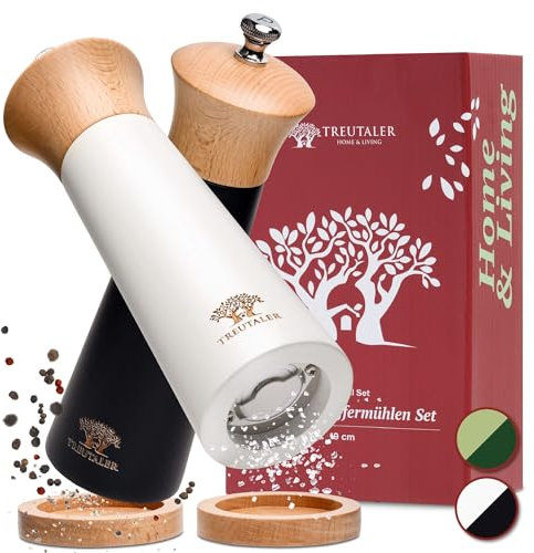 TREUTALER® Plastikfreie Salz und Pfeffermühle mit Untersetzer | Gewürzmühlen Set aus massivem Holz mit stufenloser Edelstahl-Mechanik und Keramikmahlwerk | Weiß & Schwarz