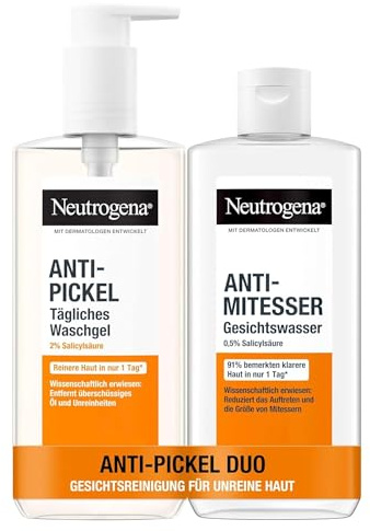 Neutrogena Anti-Pickel Gesichtsreinigung, Tägliches Waschgel mit Salicylsäure für unreine Haut, ölfrei, 200ml & Anti-Mitesser Gesichtswasser, öl-und silikonfrei, 200ml