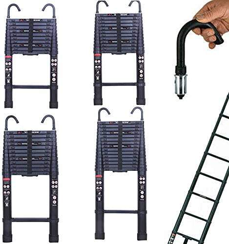 3,2 m Teleskopleiter aus Aluminium mit abnehmbaren Haken und rutschfesten Füßen, EN131, Tragfähigkeit 150 kg, zusammengeklappte Höhe 82 cm, tragbare Klappleiter, schwarz