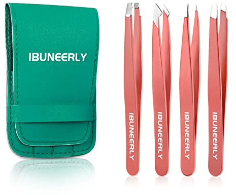 Tweezers Set, 4Pcs Tweezers for Women with Travel Leather Case, Professional Stainless Steel Eyebrows Tweezers, Great Precision Tweezers for Ingrown Hair, Facial Hair, Splinter Removal(Pink)