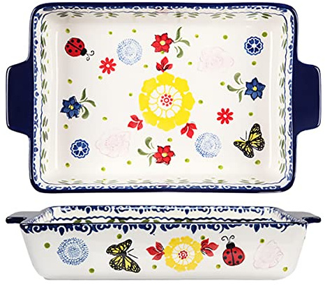Bicuzat Vintage Style Flower and Butterfly Ladybug Pattern Bakeware Ceramic Casserole Dish Baking Pan Lasagna Pans Baking Dish with Handles for Oven to Table-1 PCS-B-Rec-Large